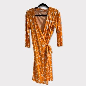 DVF Julian Two 100% Orange & Cream Silk Wrap Dress